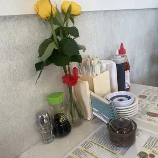 Condiments and fresh flowers
