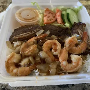 Garlic Shrimp Plate and kalbi rice plate