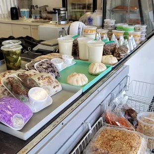 a variety of foods on a counter