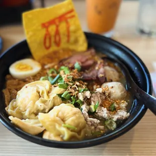 Tom yum soup noodles with Ba Me housemade noodles and added won tons.