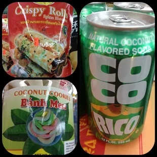 Delicious savory/sweet Crispy Rolls, coconut candy, and coconut soda.