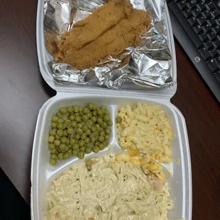 Lunch special- shrimp Alfredo, Mac nd cheese, peas and fried fish