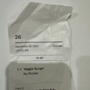 Receipt that shows I ordered veggie burger