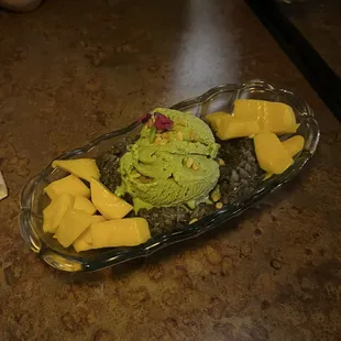 Matcha ice cream on mango sticky rice