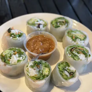 Fresh spring rolls with shrimp and peanut sauce.