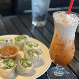 Spring rolls with Thai ice tea.