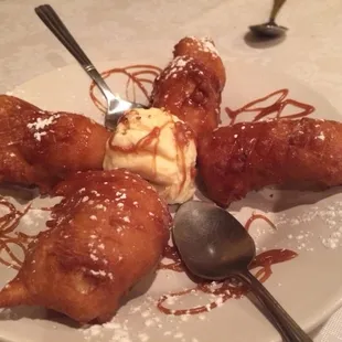 Fried bananas with I've cream and caramel drizzle
