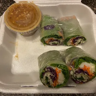 Fresh rolls with peanut dipping sauce.