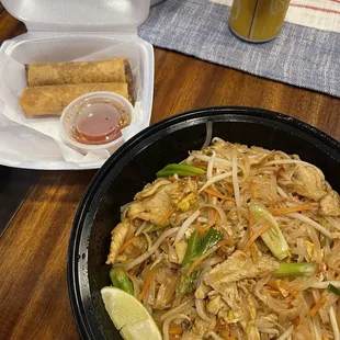 Chicken pad Thai and spring rolls