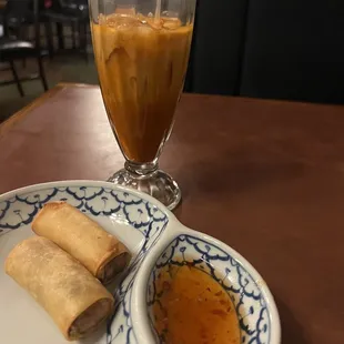 Spring rolls (2 of four) and Thai Ice Tea
