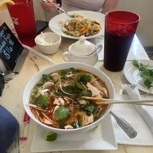 Thai Pho w chicken (foreground), Lemongrass Stir Fry (background)