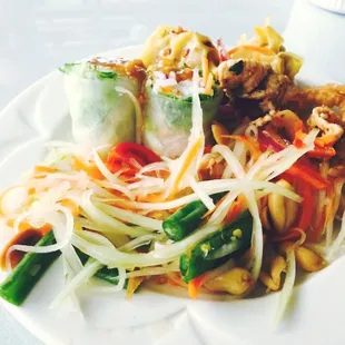 Papaya salad, rolls, and dumplings from the buffet. Awesome!