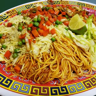 Chicken suqaar with rice and pasta