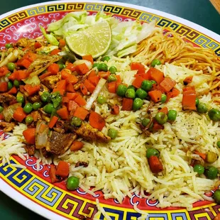 Chicken suqaar with rice and spaghetti pasta