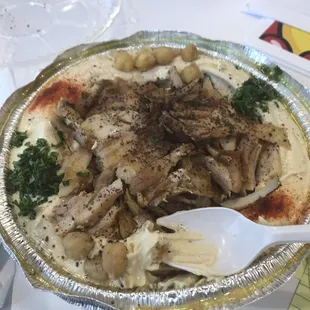 Hummus with chicken shawarma.