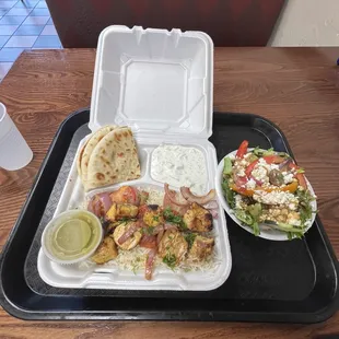 Chicken Kabob Platter with side Greek Salad and Cucumber Sauce