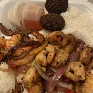 Main course = Shrimp Kabob Platter