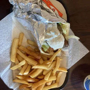 Lamb and beef gyro with fries