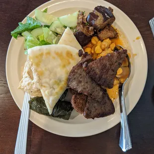 Salad, pita, hummus, chickpeas, eggplant salad and gyro