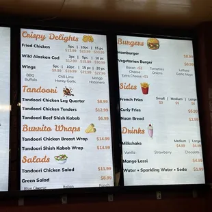 Menu of other food and drink options