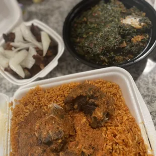 Vegetable soup, suya, Jollof Rice and Plantain with goat meat