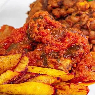 Beans and plantain with goat meat