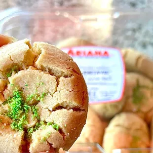 Afghan pistachio cookie close up.