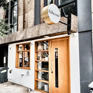 the entrance to a restaurant