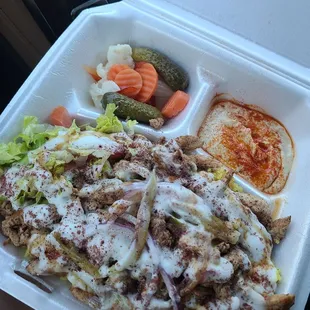 a hand holding a styrofoam container filled with meat and vegetables