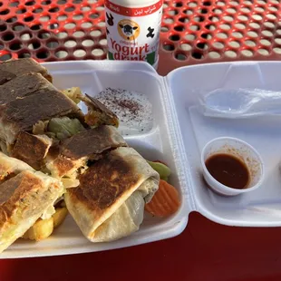 Lamb gyro, fries, giardinara and muhamarah