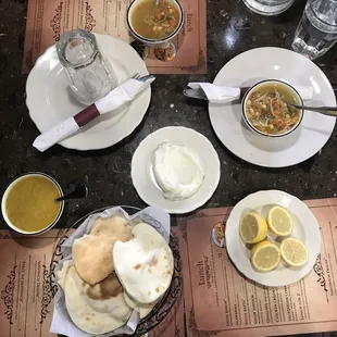 a table of food and drinks