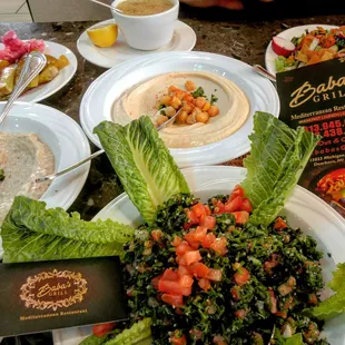 Fatoush Salad, Baba Ganoush, Hummus, Tabouli n Pickled Cauliflower with Pickles n Puffy Bread