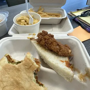 Platter- chicken tender, Mac &amp; cheese, bbq chicken sandwich, and fries.