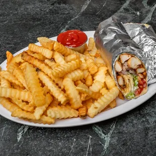 a plate of french fries and a burrito