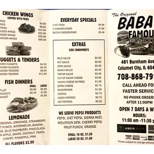 Menu. BABA&apos;S Steak &amp; Lemonade.Calumet City.IL Philly Beef Chicken Sandwiches Tacos Gyros Burgers HotDogs Salads &amp; Lemonades!