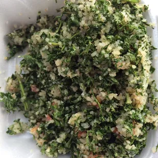 Tabouleh, very disappointing. Too much bulgur and stems. 2 big no-no&apos;s in Tabouleh prep