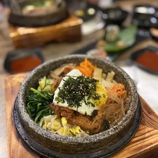 spicy pork hot stone bibimbap