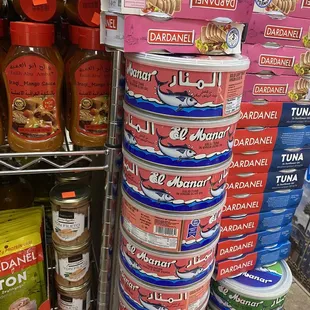 a stack of canned food