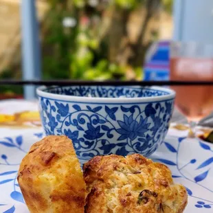 Enjoying half a scone and half a muffin from Babes Bakery.   Savory scones are my favorite treat!