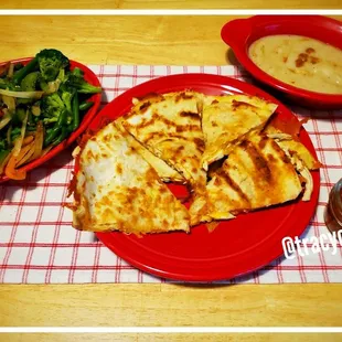 Seasoned grilled mixed veggies, chicken &amp; cheese quesadilla and a cup of cream of crab soup.