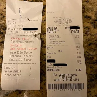 the receipt for the chicken dinner