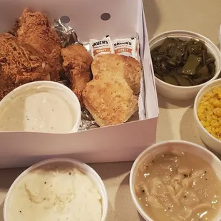 4 piece fried chicken dinner: mash potatoes gravy butter beans sweet corn green beans salad popyseed dressing GREAT biscuits