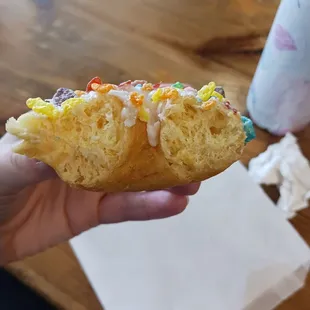 Fruity pebbles donut-- not sweet and the dough was the most amazing light and airy not greasy donut I have ever eaten. Not a bit dry!!
