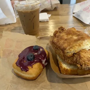 Blueberry cream cheese doughnut, Vietnam coffee and honey butter chicken biscuit