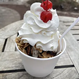 Vegan Brownie Sundae: vanilla &amp; butter pecan soy scoops, chocolate syrup, waffle cone crumbles, whip cream! OMG!!