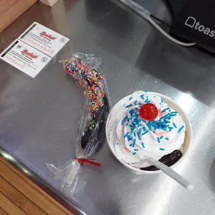 Monkey tail and a cookie monster sundae.