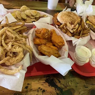 BBQ burger Bacon Cheeseburger Fried Pickles Buffalo Wings Fries and Rings