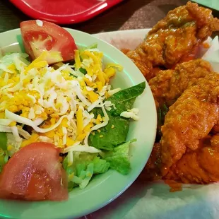 Spicy chicken tenders and side salad.  Loved the tenders.