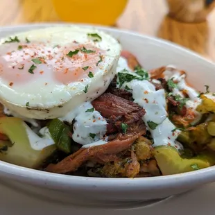Seasonal vegetable hash + carnitas