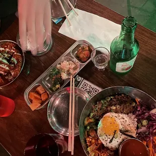 a table of food and drinks